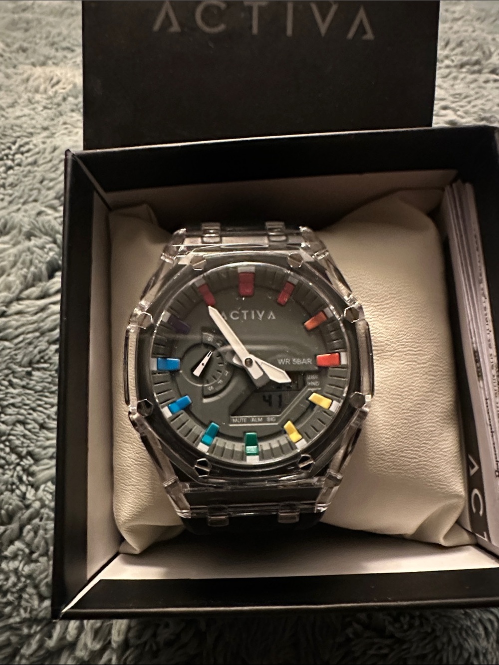 Ativa Clear Case Watch with Black Dial and Rainbow Markers